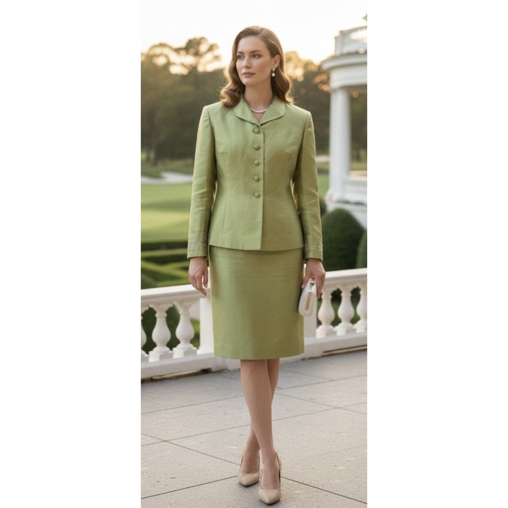 Kay Unger 100% Silk Green‎ Satin Skirt Suit Set Y2K Dynasty Glam Sz 14 Wedding